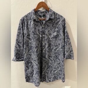 RALPH LAUREN Shirt Men's XL ButtonUp Scribble Blue Paisley 3/4 Sleeve